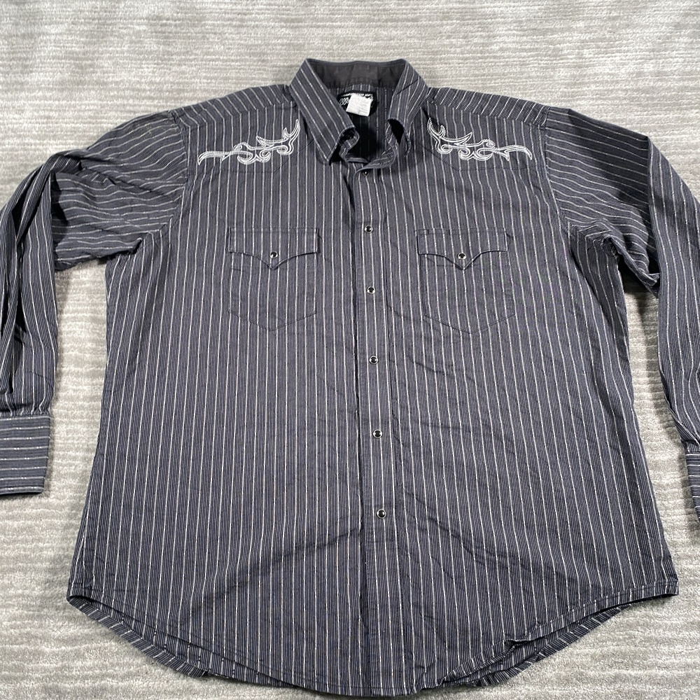Wrangler Shirt Mens XL Black Stripe Western Pearl Snap Long Sleeve Embroidered